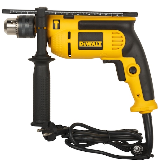 A DEWALT DWD024 yellow and black corded electric drill with ergonomic handle, side grip, depth gauge, and power cord coiled at the bottom.