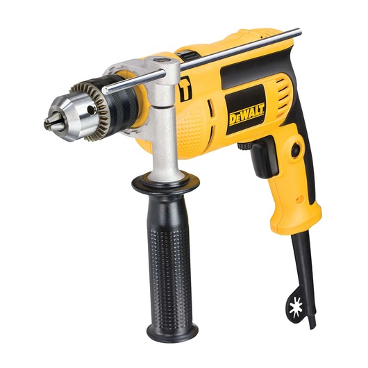 A yellow and black DEWALT corded electric drill with a side auxiliary handle and a metal chuck key attached, photographed against a white background.