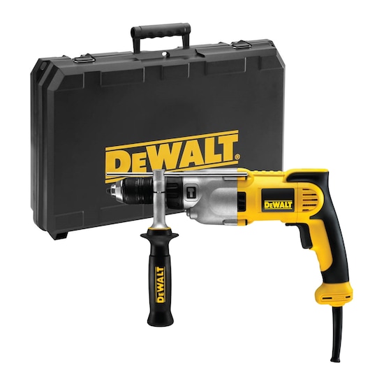 Corded DEWALT electric drill with auxiliary handle, shown in front of a black DEWALT carrying case.
