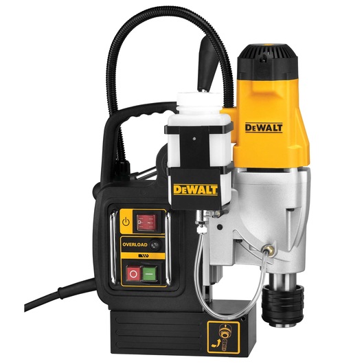 DEWALT magnetic drill press with yellow and black body, control panel, and attached coolant reservoir, model DWE1622K.