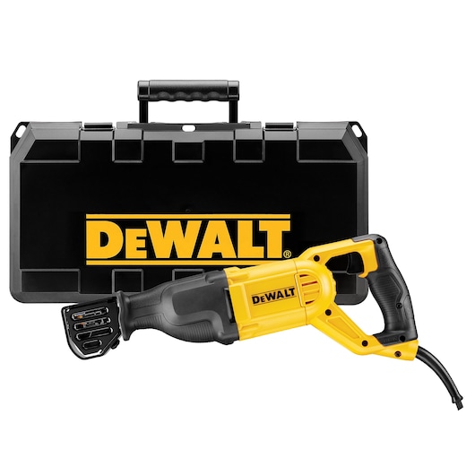 A DEWALT corded reciprocating saw with a yellow and black handle, displayed in front of a black carrying case with the DEWALT logo.