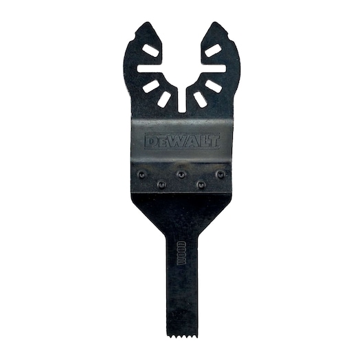 DEWALT oscillating tool blade attachment for wood cutting, black metal with notched edge and brand label.