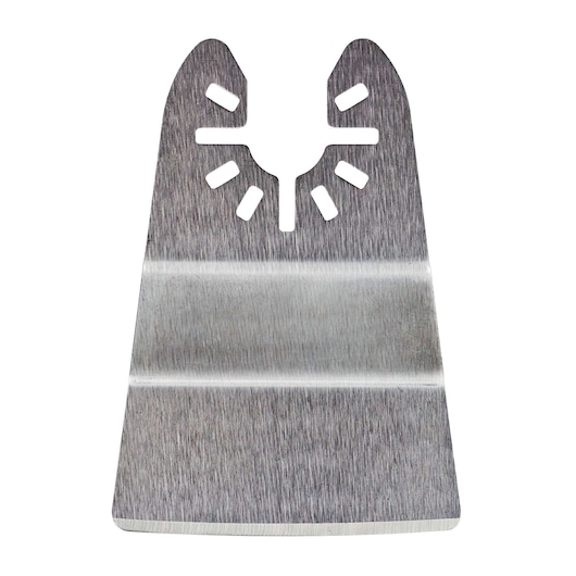Close-up of a metal oscillating multi-tool blade with mounting slots, shown against a white background.
