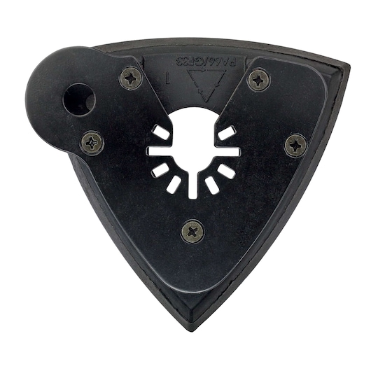 Black DEWALT sanding pad attachment with triangular shape and screw holes for oscillating tools.