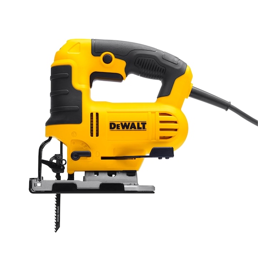 A yellow and black DEWALT electric jigsaw with a cord, shown from the side against a white background.