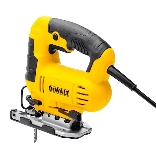A yellow and black electric jigsaw tool with a cord, featuring a DEWALT logo on the side, designed for cutting materials in woodworking and construction.