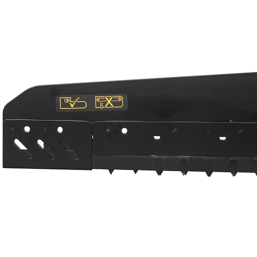 Close-up image of a black metal component with several holes, slots, and pointed teeth at the bottom edge. The upper part of the component displays two yellow safety instruction icons; one shows a correct usage check mark, and the other an incorrect usage cross.