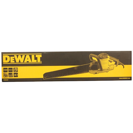 DEWALT DWE397-QS power tool packaging box, featuring an image of the electric saw and product specifications, in yellow and black colors.