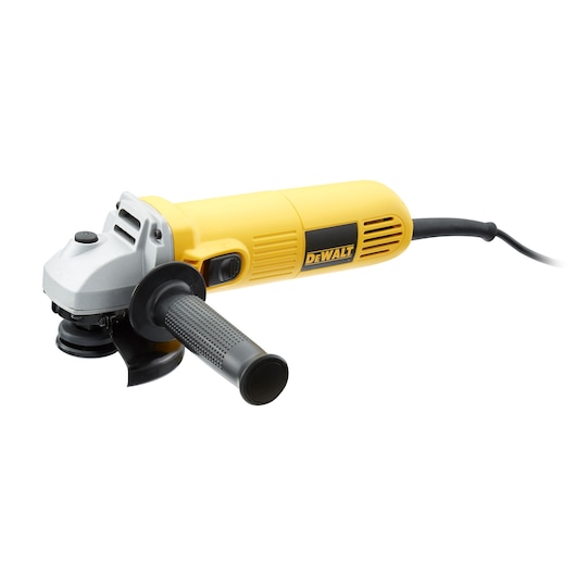 DEWALT DWE4016 yellow electric angle grinder with side handle and power cord on white background.