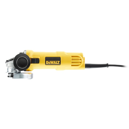 A yellow DEWALT electric angle grinder with a power cord, shown in a side view on a white background.