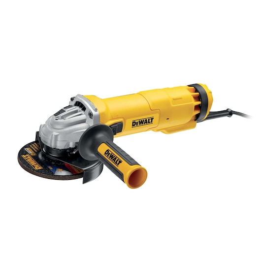 DEWALT DWE4237 yellow angle grinder with side handle and power cord, shown on a white background.