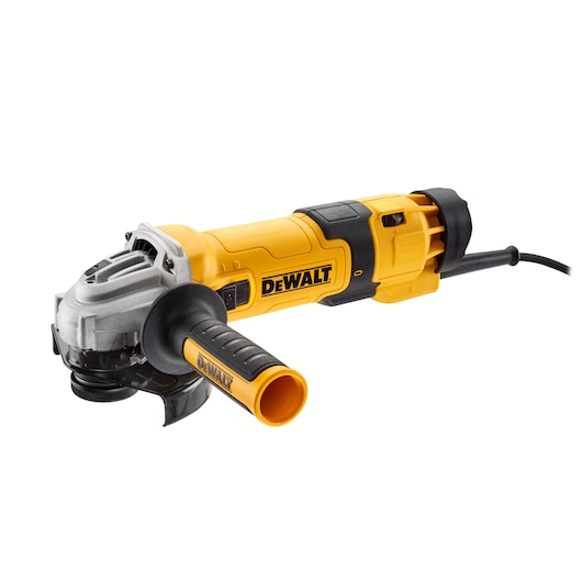 DEWALT DWE4257 angle grinder with yellow body and black handle, shown with cord, photographed on white background.
