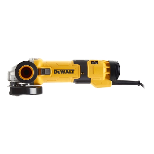 DEWALT DWE4257 yellow and black angle grinder shown from the side with power cord.