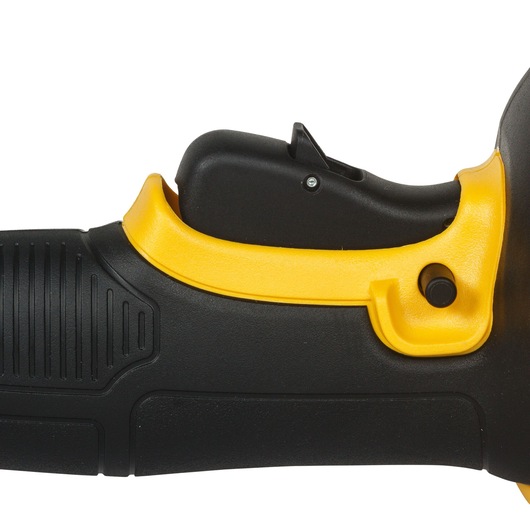 Close-up of the handle and trigger of a DEWALT power tool, featuring a black and yellow design.