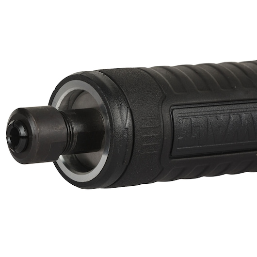 Close-up of a DEWALT power tool showing the front end with a metal collet and textured black casing.