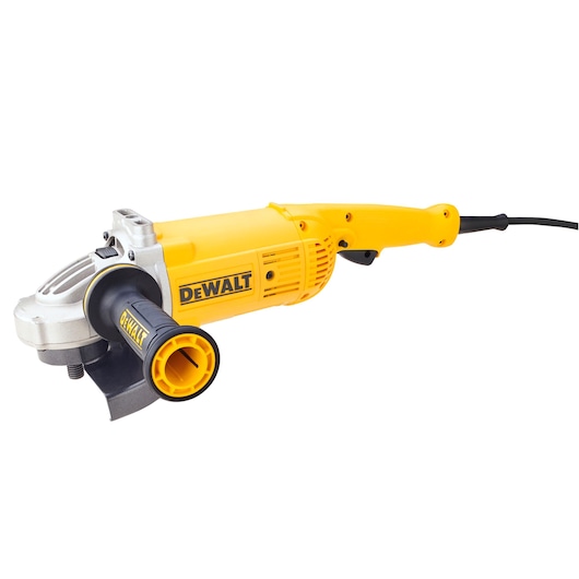 A yellow and black DEWALT angle grinder with a side handle, electric cord, and metallic gear housing, shown on a white background.