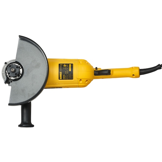 DEWALT angle grinder, yellow, photography category, SKUs DWE496, DWE496-QS, side view with guard and handle.