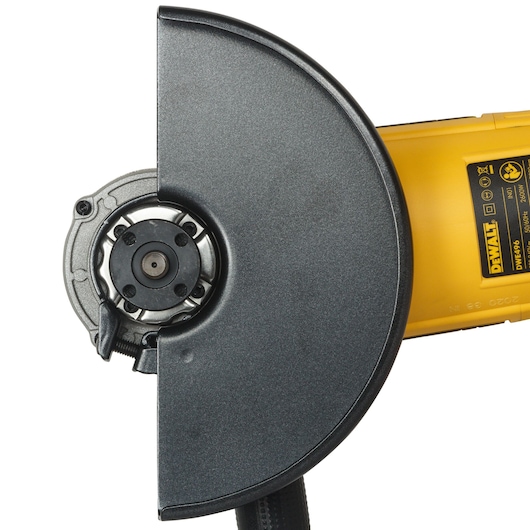 DEWALT angle grinder close-up, SKUs DWE496 and DWE496-QS shown in yellow and black.