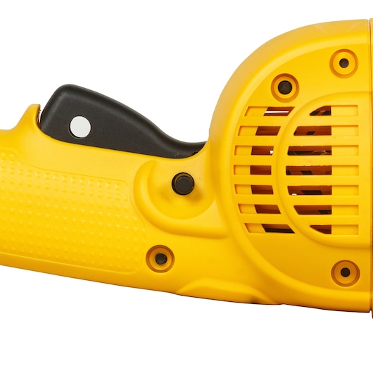 Close-up of DEWALT tool handle, Photography category, SKUs DWE496, DWE496-QS. Yellow plastic with black trigger.