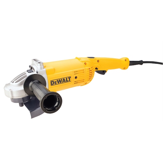A yellow and black DEWALT electric angle grinder with a side handle and a power cord, model DWE497.