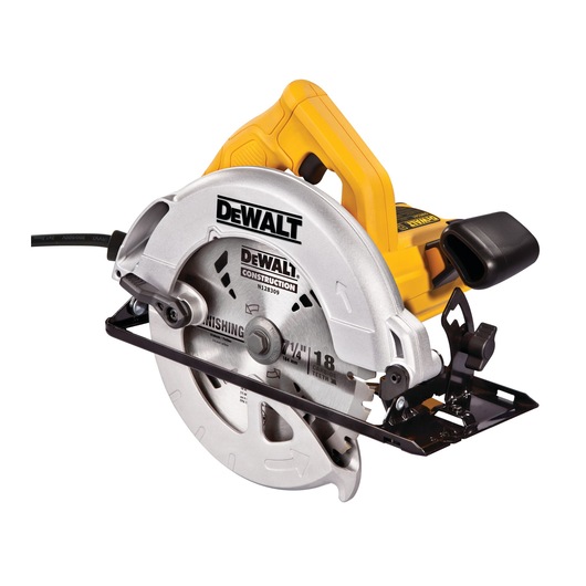 A DEWALT DWE560 circular saw with a yellow handle and a silver blade guard, designed for construction and wood cutting.
