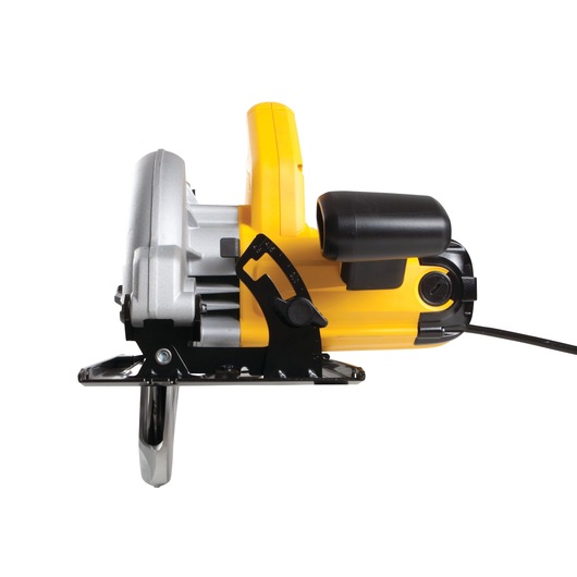 Side view of a DEWALT DWE560 circular saw, showing its yellow and black handle, metallic blade guard, and power cord.