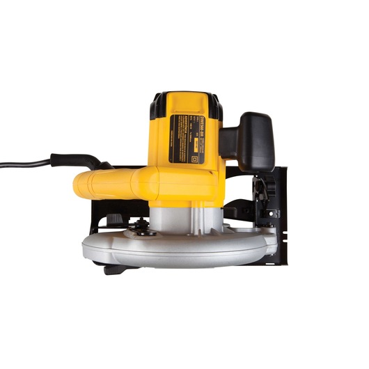 A yellow and black DEWALT circular saw, viewed from the side, showing its handle, power cord, and base plate.