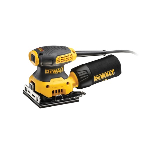 A DEWALT electric hand sander with a rectangular sanding pad and a dust collection bag, shown against a white background.