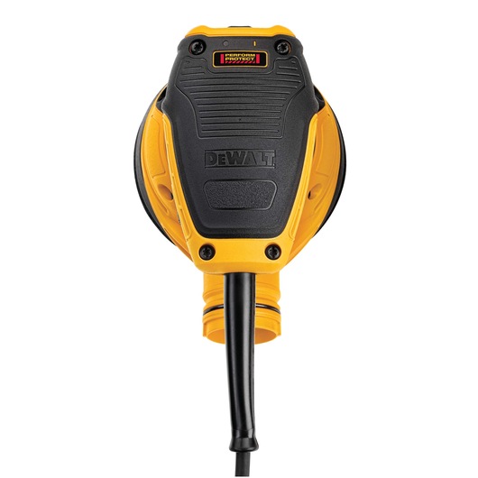 Front view of a DEWALT DWE6423 power sander with a yellow and black body and a cord extending downward, used for surface finishing and smoothing.