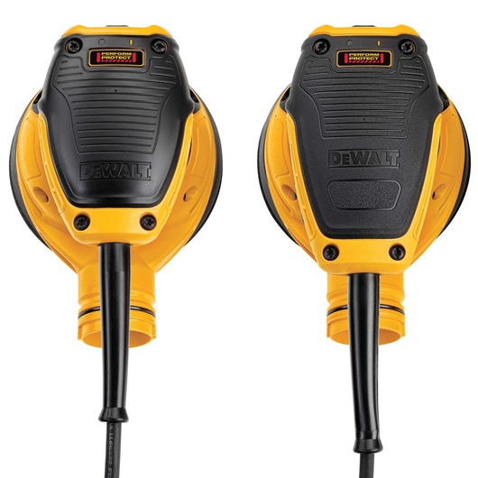 Two DEWALT DWE6423 yellow and black electric power sanders are shown from above, highlighting the Perform and Protect label and the cord attachment.