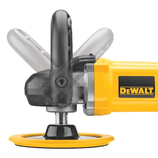 Side view of a DEWALT DWP849X electric polisher featuring a yellow body and adjustable black side handle. The polisher has a rotating handle shown in different positions and a yellow polishing pad attached at the base.