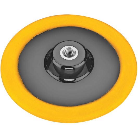 A close-up of a DEWALT yellow and black polishing pad with a central threaded metal insert, typically used with power tools for surface polishing.