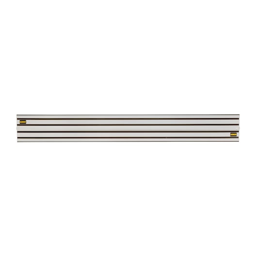 A DEWALT metal guide rail for track saws, shown horizontally against a white background. The rail is silver with black grooves and has DEWALT branding at both ends.