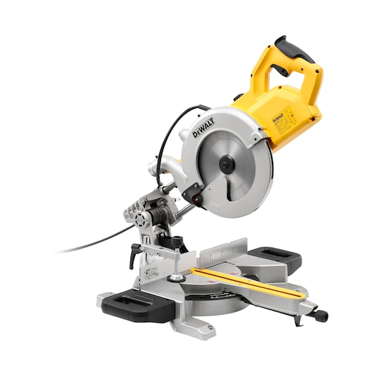 DEWALT DWS778 electric miter saw with yellow and black handle, blade guard, and measurement guide.