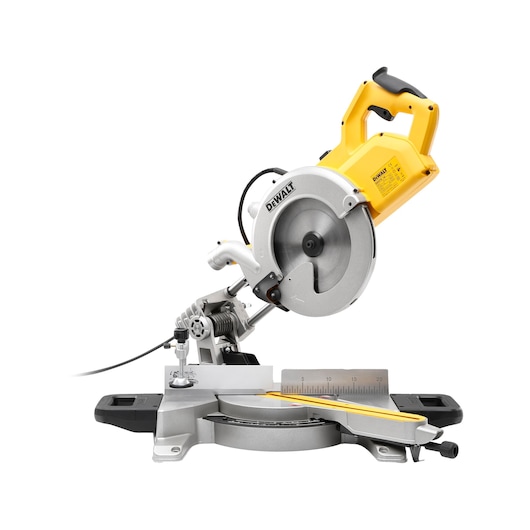 DEWALT DWS778 yellow and silver mitre saw with measuring guide and circular blade for wood cutting.