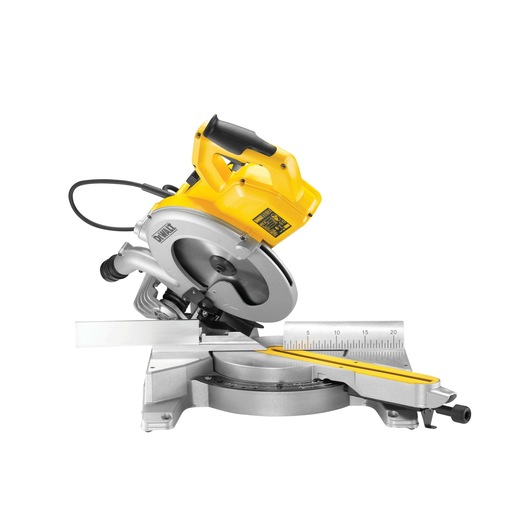 DEWALT DWS778 mitre saw with yellow handle and silver base, used for precise cutting of wood and materials.