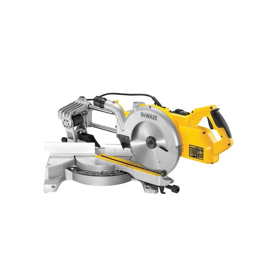Yellow and silver DEWALT miter saw for precise cutting, shown with a wood piece on the saw base.