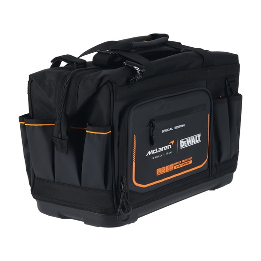 Black DEWALT tool bag with orange accents, multiple pockets, McLaren and DEWALT logos, water-resistant compartment.