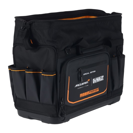 Black DEWALT tool bag with orange accents, multiple pockets and water-resistant compartment, special edition.