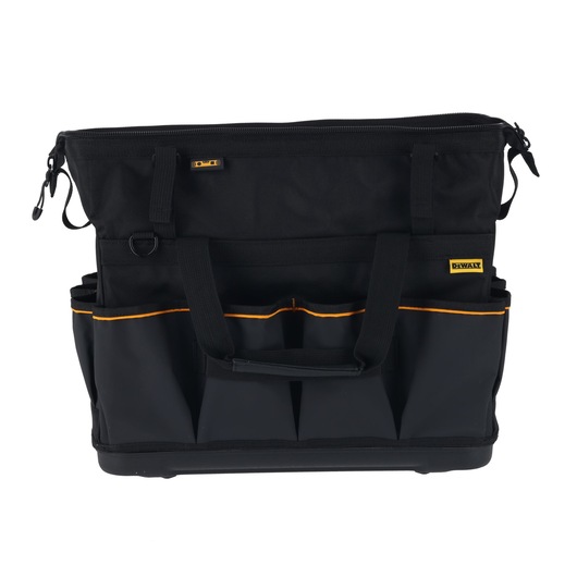 Black DEWALT tool bag with multiple pockets, orange trim, handles, and a zippered top.