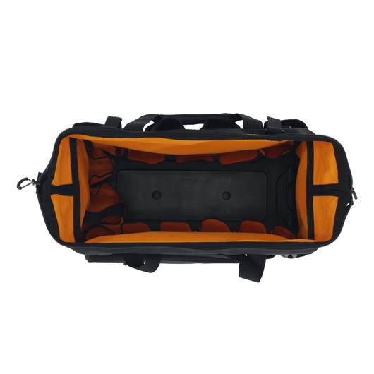 Top view of an empty black and yellow DEWALT tool bag with internal pockets and a rigid base.