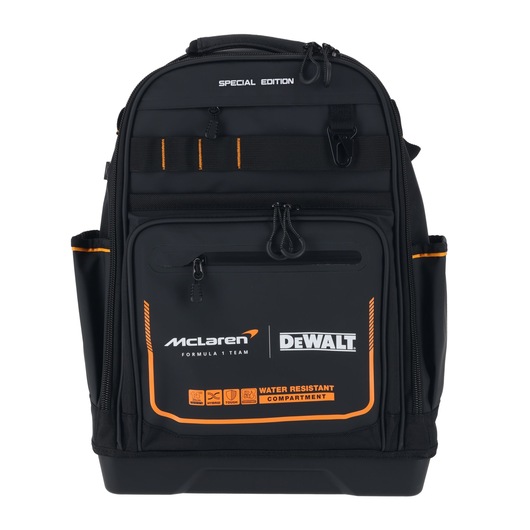 Black DEWALT McLaren backpack with orange details, multiple compartments and water resistant feature.