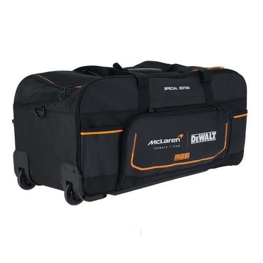 Black DEWALT McLaren special edition tool bag with wheels and orange accents, side pocket and handles.
