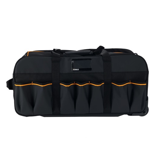 Black DEWALT tool bag with orange trim, multiple exterior pockets, handles, and wheels for easy transport.