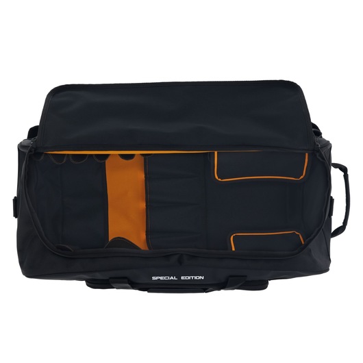 Black tool bag with orange pockets and compartments, open to show organized interior. Special Edition label visible.