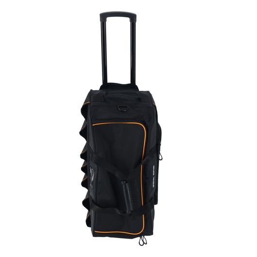 Black wheeled duffel bag with orange trim and telescopic handle, shown upright against a white background.