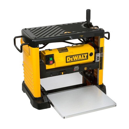 A DEWALT DW733 portable thickness planer, featuring a yellow and black design with a metal infeed table and ergonomic handles, placed against a white background.